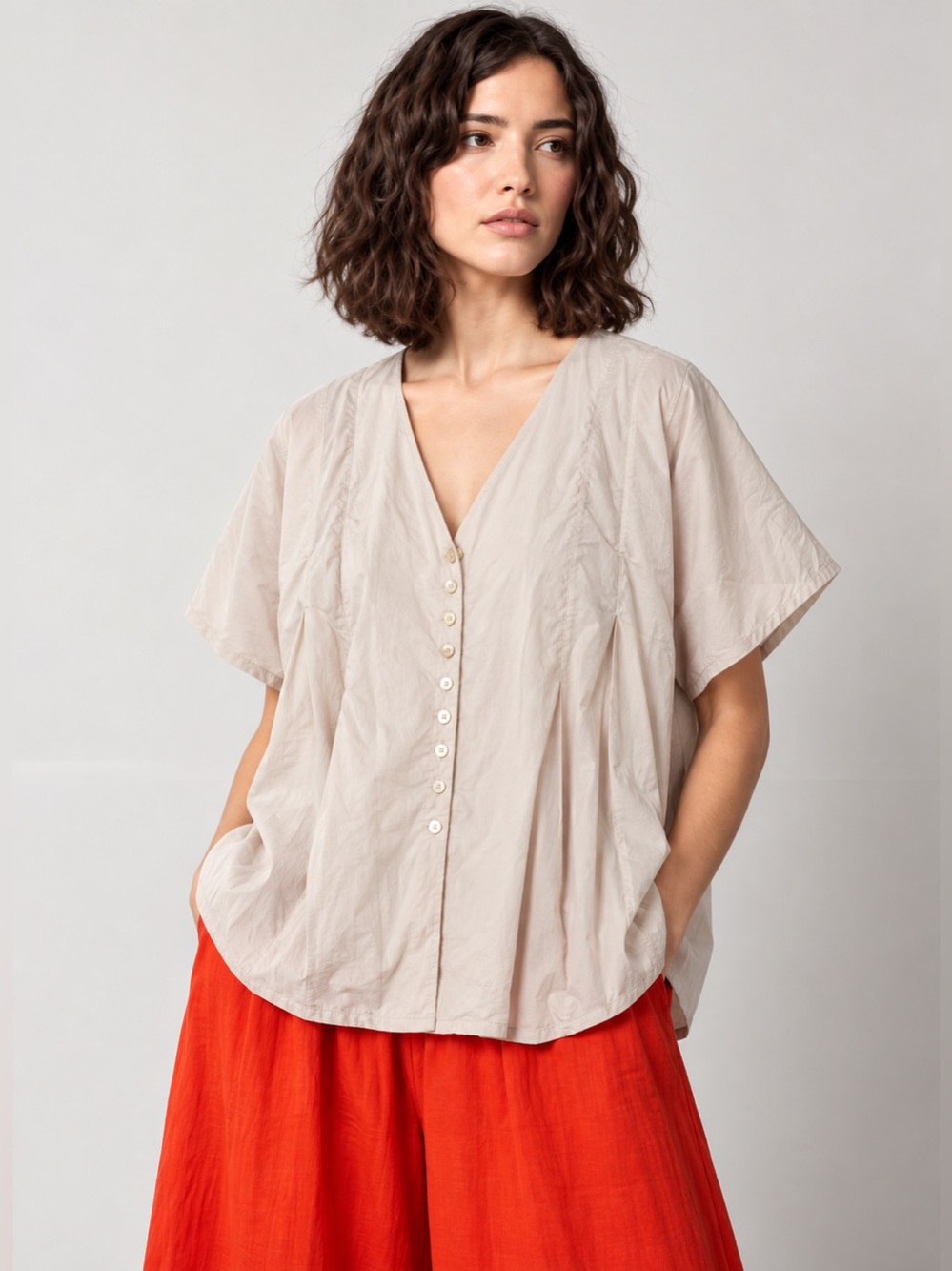 ISCHIKO Cotton Blend Button Front Blouse – Size 10 Tan Loose Fit 696